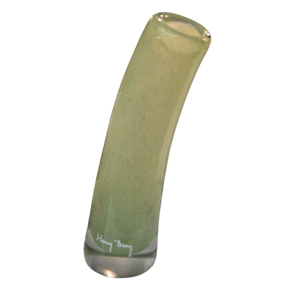 Signed Henry Dean Lichen Green Art Glass Bud Vase Curved Hand Blown Belgium